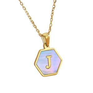 Hexagon Initial Letter Charm, J, 18K GP Blue Iridescent Pendant Necklace